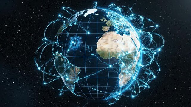 Digital Earth Globe Hybrid with Glowing Blue Wireframe Network and Solid Terrain in Space