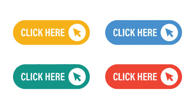 Colorful set of four rounded rectangular vector buttons featuring click here text and cursor icons