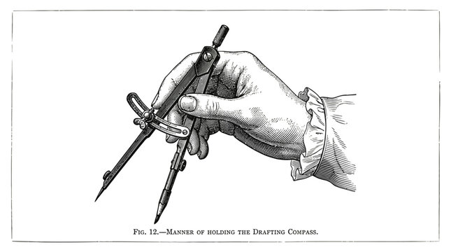 Detailed vintage vector illustration of a human hand holding a classic metal drafting compass tool