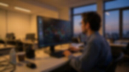 Obraz premium Blurred defocused ai technology workplace background with soft bokeh and copy space for text