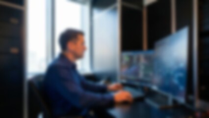Fototapeta premium Blurred defocused ai technology workplace background with soft bokeh and copy space for text