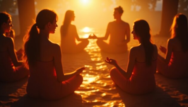 Group yoga class outdoors at sunrise, silhouettes, dramatic sky, spiritual journey vibe, misty atmosphere