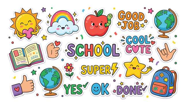Colorful vector illustration set featuring cute school themed stationery elements for fun academic sticker designs
