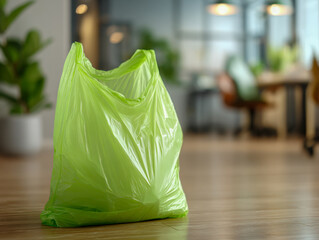 A bright green plastic shopping bag placed on a wooden floor in a modern office environment with blurred furniture and plants in the background © Daria