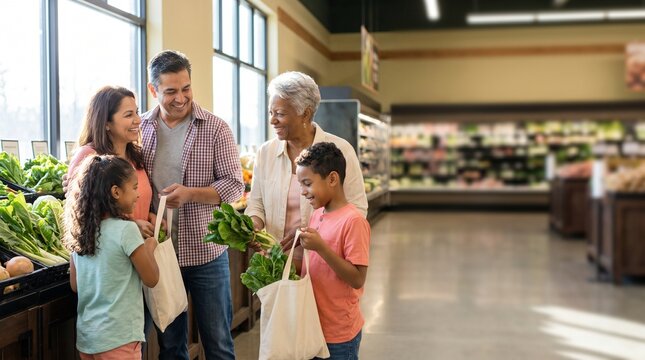 A happy family of four, including two children, is grocery shopping together in a well-lit supermarket aisle, surrounded by fresh produce