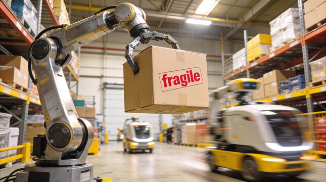 Logistics robot arm handling fragile package in smart fulfillment center. Autonomous mobile robots moving inventory through automated warehouse facility.