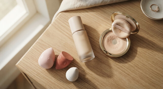 Liquid foundation, powder compact, and makeup sponges on wooden table.