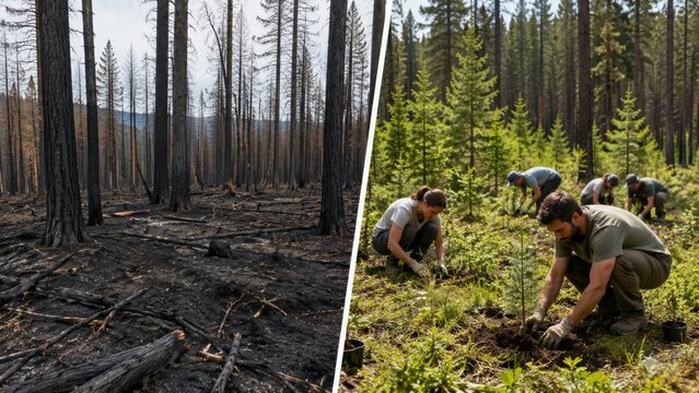Charred forest floor and young replanted conifer grove