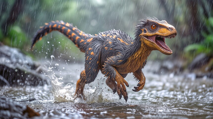 Naklejka premium Velociraptor running through shallow river during heavy rain. Feathered dinosaur hunting in prehistoric jungle environment.