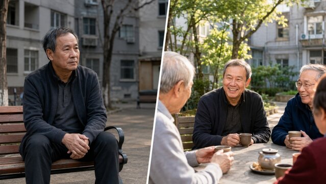 Man alone on courtyard bench and tea with neighbors