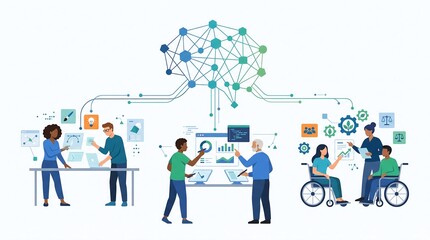 Fototapeta premium Interconnected Artificial Intelligence System Supporting Human Creativity, Diverse People Collaborating with AI Tools, Technology Innovation Concept