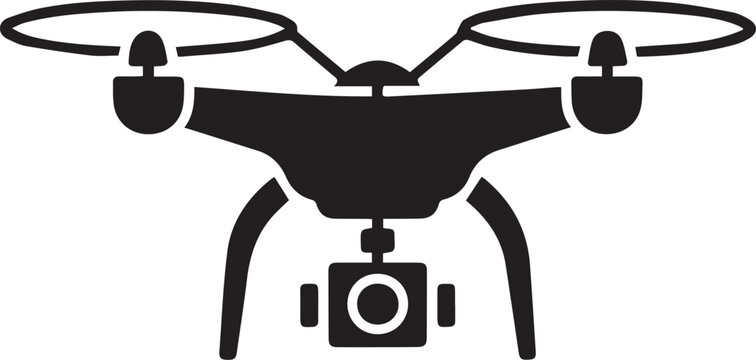 Front view of a black drone icon with camera attachment on white background