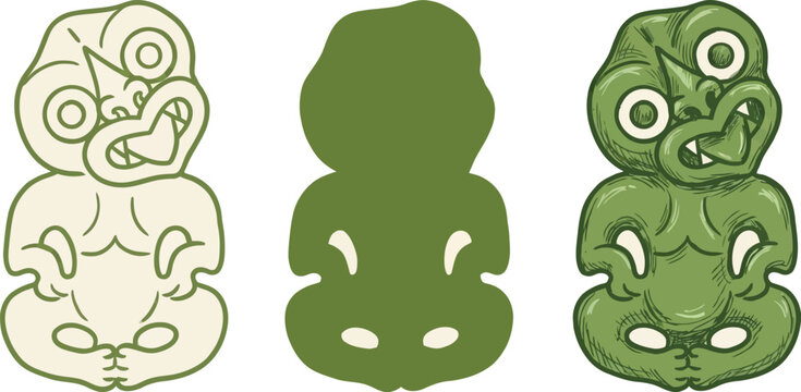 Maori Hei Tiki Pendant Symbol Collection including Minimalist Outline Silhouette and Nephrite Green Filled Illustration for New Zealand Cultural Heritage and Tribal Ethnic Jewelry Design.