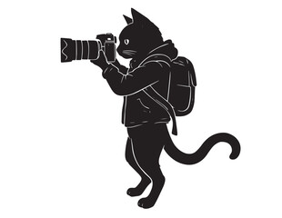 Cat photographer with camera and backpack black silhouette on white background © Prodeep