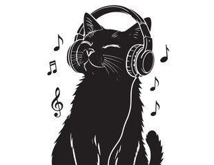 Cat With Headphones Silhouette A Black And White Vector Illustration © Prodeep
