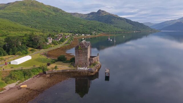 Carrick Castle, a 14th-century tower house located on the west shore of Loch Goil in Argyll and Bute, Scotland.