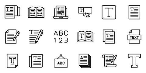 Fototapeta premium Text Icons Set. Typography, Writing, Document, Editing and Communication Line Vector Illustration.