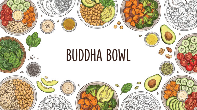 Healthy bowl horizontal banner template with hand drawn vector sketch buddha bowl design for menu organic food concept nutrition and wellness promotion