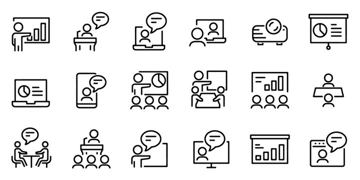 Business Presentation Icons Set. Modern Office Meeting, Teamwork, Training and Conference Editable Stroke Vector Illustration.