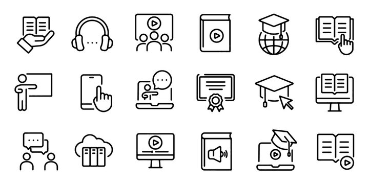 E-Learning Icons Set with Online Education, School, Webinar, Training and Digital Learning Editable stroke. For website marketing design Vector Illustration.