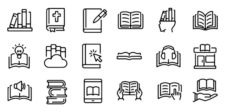 Book Icons Set. Reading, Education, Learning, Library and Knowledge Linear Outline Vector Illustration.