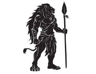 Anthropomorphic lion warrior silhouette with spear detailed black vector illustration © Prodeep