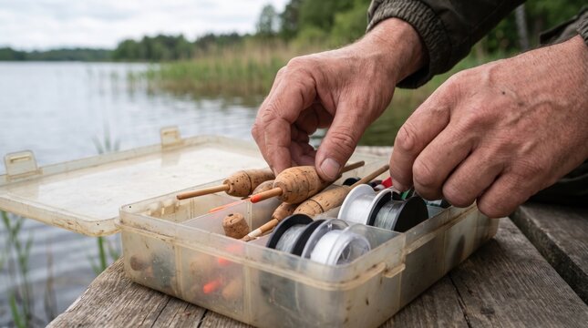 Hands organizing fishing floats and lines inside a plastic tackle box by a lake