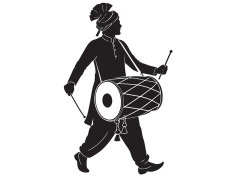 Silhouette of a drummer playing a dhol with traditional attire black vector