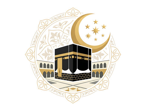 Illustration of the kaaba in Mecca with crescent moon and stars