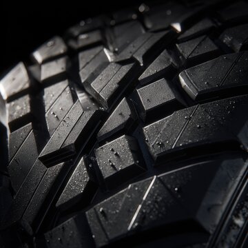 Detailed view of a rugged tire tread pattern with water droplets highlighting texture and design for enhanced traction and durability in off-road conditions