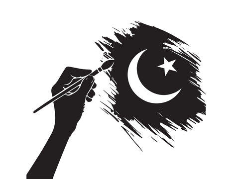 Hand painting silhouette of pakistan flag with brushstroke effect on white