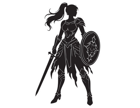 Female warrior silhouette with sword and shield on a white background