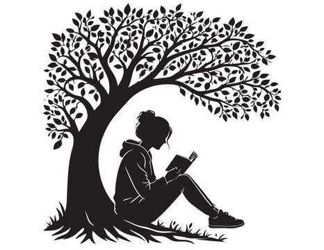 Silhouette of a woman reading under a leafy tree on white background