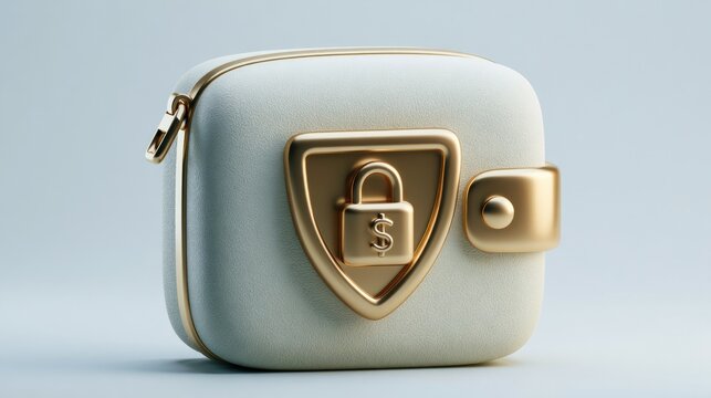 A chunky wallet with a shield clasp is presented in gray and gold. The wallet symbolically represents financial protection and security.
