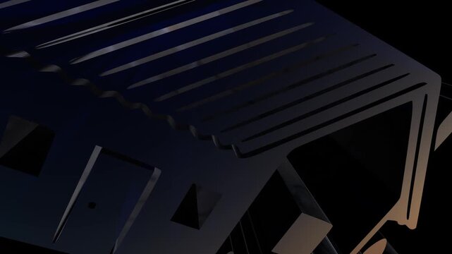 Modern abstract house silhouette with metallic reflections at sunset, 3d render architectural concept