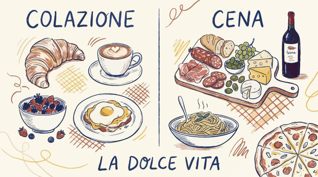 Whimsical chalk sketch of various authentic Italian cuisine dishes and gourmet charcuterie platter elements on a dark textured blackboard background illustration.