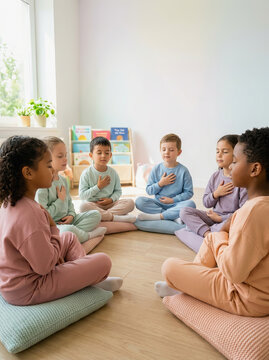 Group of young children sitting in circle on cushions indoors for storytime or group activity session.