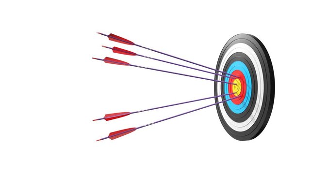 Archery target with many arrows. One hits the center bullseye, showing success, while others miss. Luma matte included.