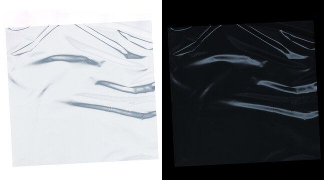 Transparent plastic wrap texture with wrinkles, clear cellophane stretch film overlay on white and black background, wrinkled polyethylene material