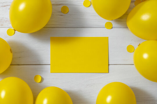 Blank yellow card surrounded by yellow balloons and confetti on white wooden surface for festive celebration or party invitation background design