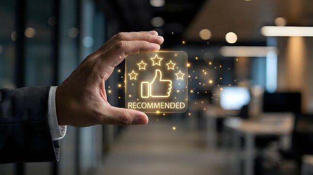 Businessman holding glowing recommended thumbs up icon with particles, representing digital approval, customer satisfaction, and positive feedback for business and marketing campaigns.