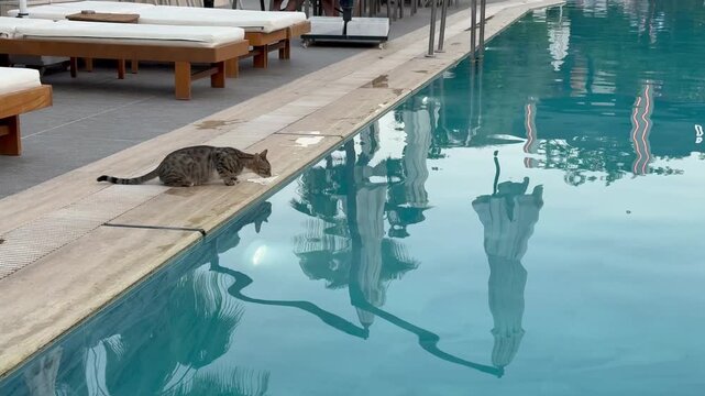 A tabby cat walks along the edge of a luxurious outdoor swimming pool at a resort, surrounded by sun loungers and calm blue water. The unexpected presence of a curious animal
