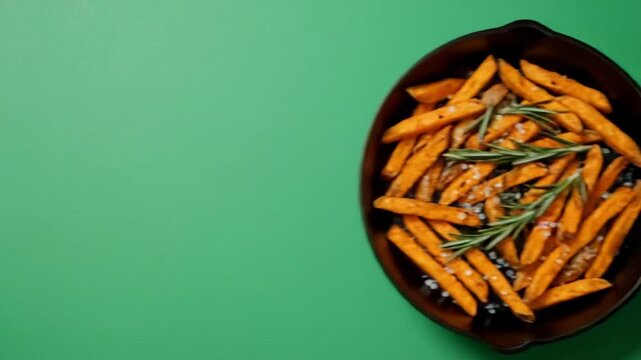 Green Screen Aerial View of Hand Removing Cast Iron Skillet with Sweet Potato Fries