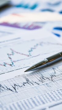 Focused view of a metallic pen resting on detailed financial charts and data sheets illustrating market trends and analysis in a professional setting