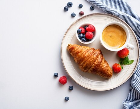 top view breakfast plate with croissant espresso coffee and fresh berries on white background with copy space