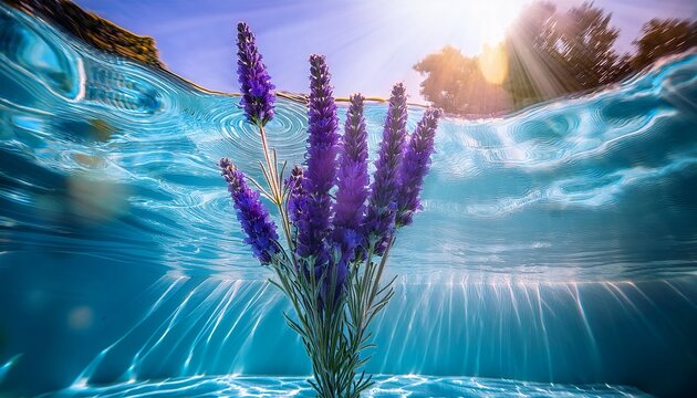 lavender flower underwater with shimmering caustics and soft surface reflections sunny pool light creating sparkling patterns vertical mobile wallpaper