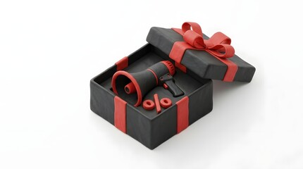 Naklejka premium Three dimensional render of an open black gift box containing a megaphone and percent sign symbol