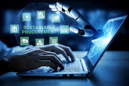 A close-up of a robot hand interacting with a laptop screen, symbolizing the integration of sustainable procurement in modern business strategies and technological innovation. Ledger