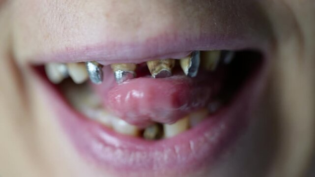 Close-up of decayed teeth with metal crown preparation. Extreme close-up of a smiling person's mouth showing severe dental problems, including tooth decay, missing teeth, and prepared metal