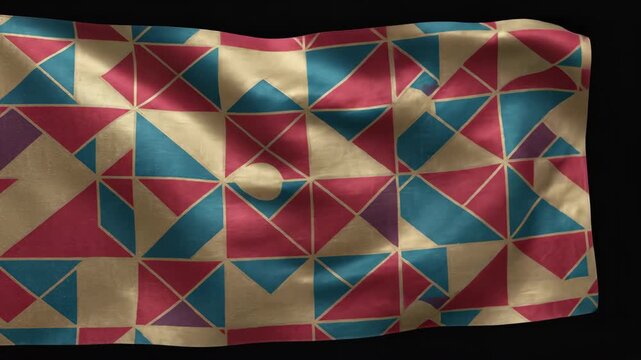 Waving Geometric Patterned Banner with Gold Red and Teal Shapes on Black Background
